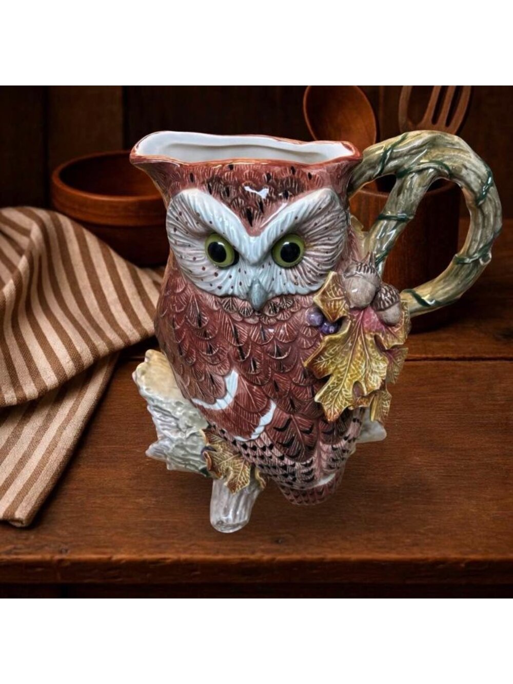 Vintage 1994 Fitz & Floyd Autumn Woods Owl Pitcher – 9" Woodland Fall Acorn Jug - Picture 9 of 10